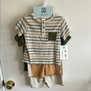 Striped Kids Shirt & Shorts Set - Green and Tan